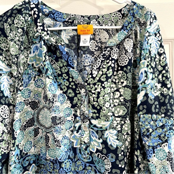 Ruby Rd. Women Peasant Boho Blue Green Patterned Top Plus Size 2X V-Neck Button - Picture 7 of 13